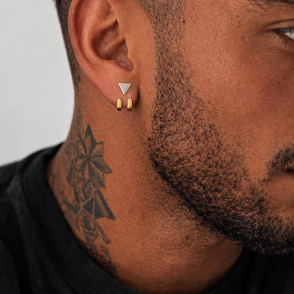 Triangle Stud Wrap Earrings for Men, Gold Hoop Jacket Earrings, Geometric Triangle Studs, Minimalist Mens Earrings, Stainless Steel Earrings