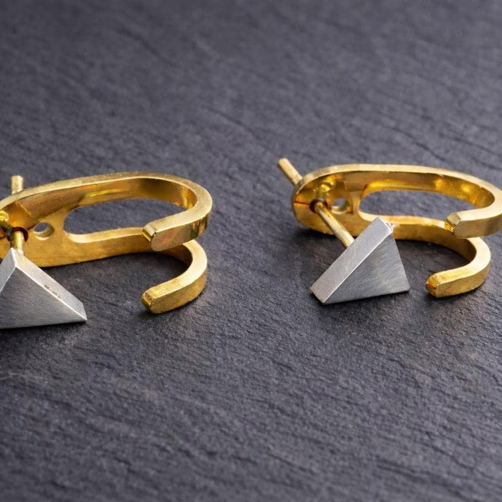 Triangle Stud Wrap Earrings for Men, Gold Hoop Jacket Earrings, Geometric Triangle Studs, Minimalist Mens Earrings, Stainless Steel Earrings